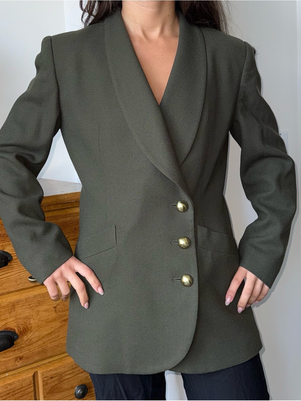 Olive Green Shawl Collar Blazer Jacket - Women